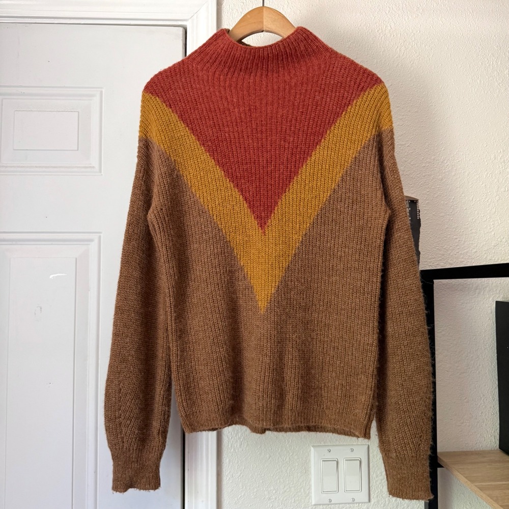 MKT STUDIO tan rust mustard v mock neck wool blend long sleeve pullover sweater